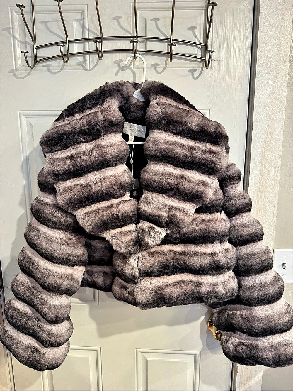 Adrienne Landau Chinchilla Faux Fur Cropped Jacket Gray & Brown